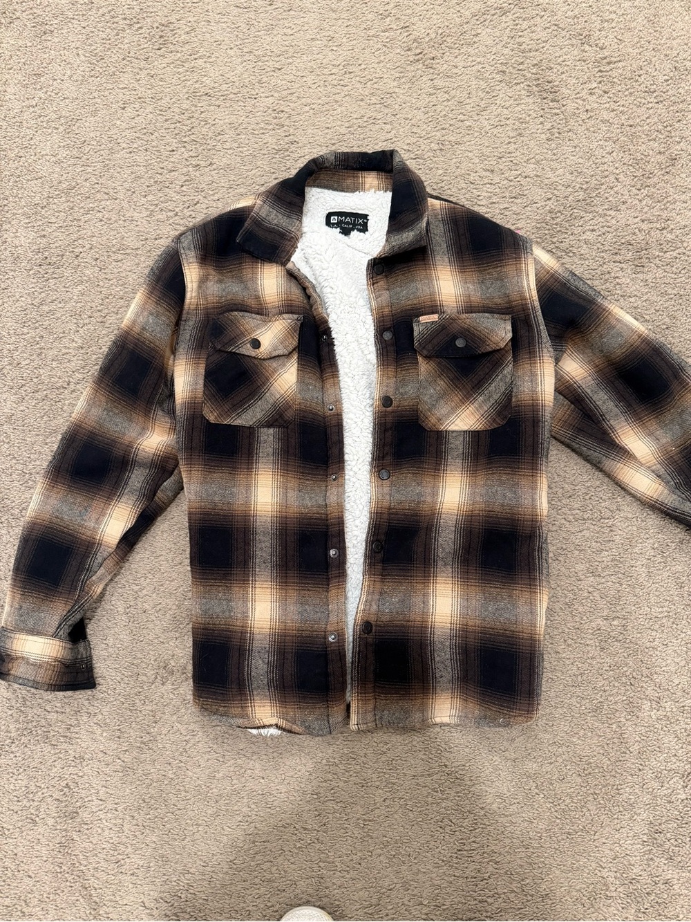 Matix Men's Plaid Sherpa-Lined Shirt Jacket in Brown and Black